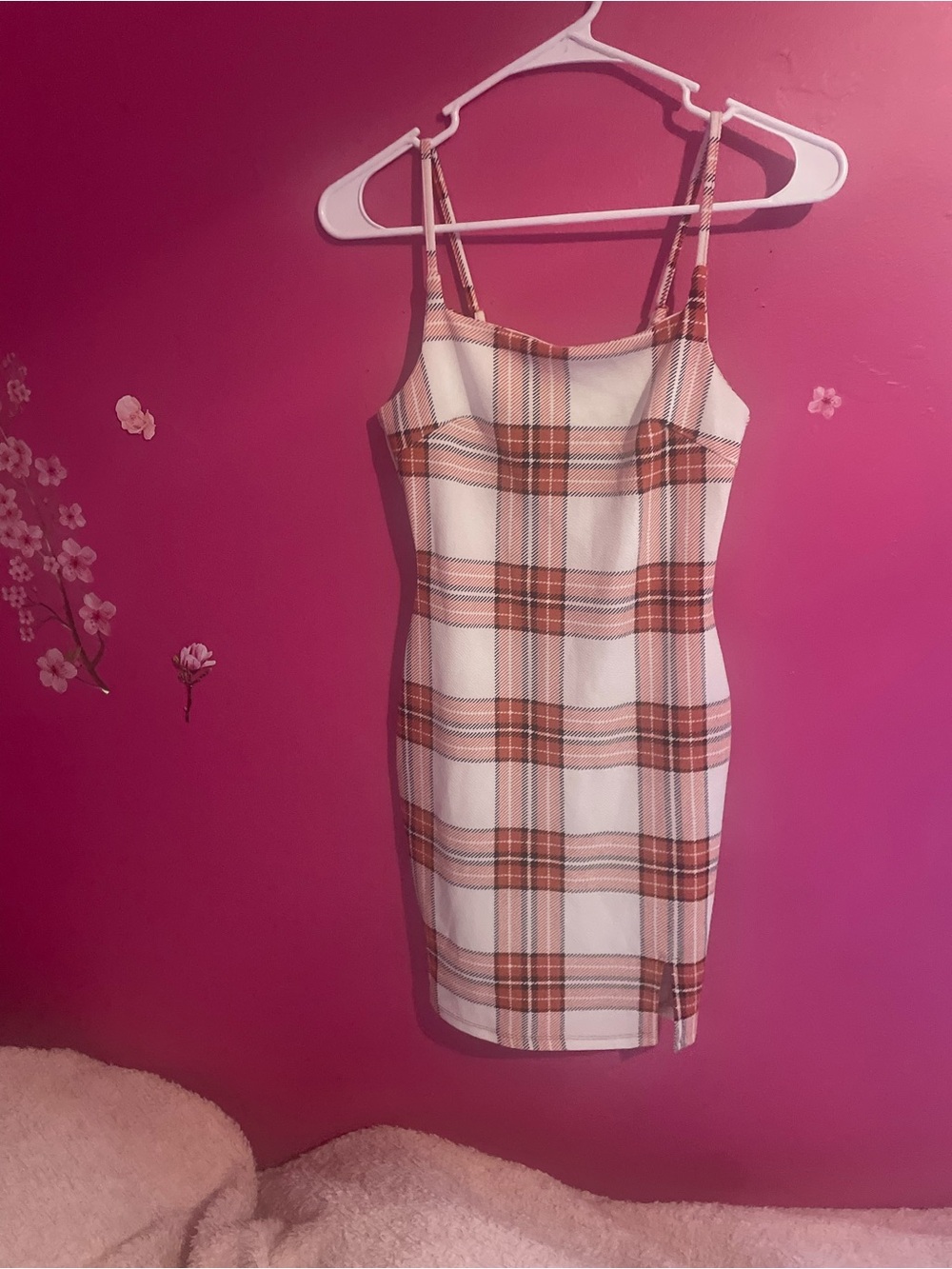 Almost Famous Pink and White Plaid Spaghetti-Strap Mini Dress